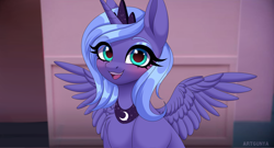 Size: 4096x2210 | Tagged: safe, artist:gunya, princess luna, alicorn, pony, g4, bust, female, looking at you, open mouth, open smile, s1 luna, smiling, smiling at you, solo