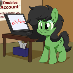 Size: 900x900 | Tagged: safe, artist:unitxxvii, oc, oc only, oc:filly anon, earth pony, pony, computer, female, filly, foal, frown, laptop computer, solo, tissue box