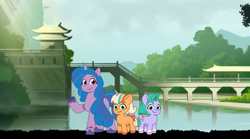 Size: 1862x1037 | Tagged: safe, artist:caseyben887, artist:prixy05, izzy moonbow, peach fizz, seashell (g5), earth pony, pony, unicorn, g5, my little pony: tell your tale, bow, bracelet, bridge, coat markings, crepuscular rays, cute, female, fence, filly, foal, friendship bracelet, hill, horn, jewelry, looking at you, mare, outdoors, peachsweet, pippsqueaks, river, shadow fight 2, sky, smiling, smiling at you, socks (coat markings), tail, tail bow, tree, water