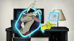 Size: 1280x720 | Tagged: safe, artist:vaalkizuk, part of a set, discord, draconequus, g4, calendar, holding, indoors, looking at you, male, pointing, portal, solo