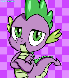 Size: 1044x1174 | Tagged: safe, artist:codenamekid, spike, dragon, g4, my little pony: friendship is magic, checkered background, crossed arms, cute, dragon appreciation day, highlights, looking at you, male, shading, smiling, smiling at you, solo, spike day