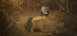 Size: 8400x4045 | Tagged: safe, artist:rvsd, oc, oc only, pegasus, pony, clearing, concave belly, female, flower, flower in hair, forest, mare, nature, outdoors, partially open wings, pegasus oc, solo, tree, wings