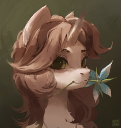 Size: 1897x2001 | Tagged: safe, artist:rvsd, oc, oc only, pony, unicorn, bust, commission, female, flower, flower in mouth, gradient background, horn, looking at you, mare, mouth hold, smiling, smiling at you, solo