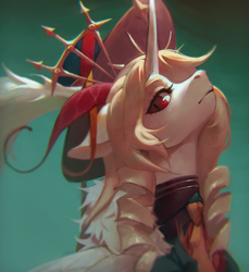 Size: 2542x2775 | Tagged: safe, artist:rvsd, oc, oc only, pony, unicorn, aside glance, bust, ears back, female, gradient background, hat, high res, horn, long horn, looking at you, mare, nose in the air, profile, red eyes, slit pupils, solo