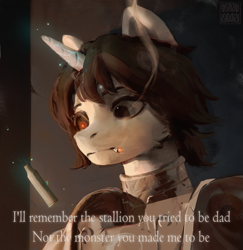 Size: 1967x2024 | Tagged: safe, artist:rvsd, oc, oc only, pony, unicorn, fallout equestria, armor, bullet casing, bust, caption, cigarette, horn, levitation, magic, male, prosthetic eye, prosthetics, solo, stallion, telekinesis, text