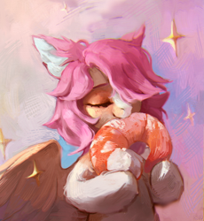 Size: 2397x2601 | Tagged: safe, artist:rvsd, oc, oc only, pegasus, pony, shrimp, abstract background, commission, ear fluff, eating, eyes closed, female, food, mare, meat, ponies eating meat, ponies eating seafood, seafood, solo