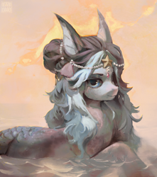 Size: 2848x3222 | Tagged: safe, artist:rvsd, oc, oc only, oc:keto, hybrid, merpony, original species, seapony (g4), blue eyes, commission, crepuscular rays, cute, digital art, female, fin ears, gem, jewelry, looking at you, necklace, ocean, partially submerged, pearl necklace, scales, seashell, smiling, smiling at you, solo, sunlight, swimming, water