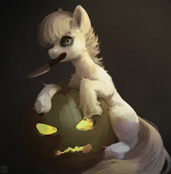 Size: 3184x3240 | Tagged: safe, artist:rvsd, oc, oc only, earth pony, pony, black sclera, halloween, high res, holiday, jack-o-lantern, knife, looking at you, mouth hold, pumpkin, sitting, solo