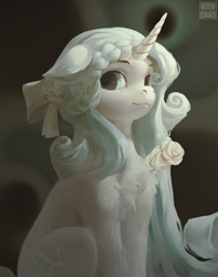 Size: 3000x3805 | Tagged: safe, artist:rvsd, oc, oc only, pony, unicorn, abstract background, chest fluff, commission, cute, female, floppy ears, flower, flower in hair, fluffy, horn, mare, signature, sitting, smiling, solo