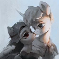 Size: 2930x2936 | Tagged: safe, artist:rvsd, oc, oc only, pegasus, pony, unicorn, boop, commission, female, high res, horn, hug, hug from behind, looking at each other, looking at someone, looking back, male, mare, noseboop, oc x oc, shipping, stallion, straight