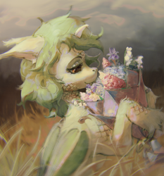 Size: 3825x4108 | Tagged: safe, artist:rvsd, oc, oc only, dracony, dragon, hybrid, pony, bouquet, female, flower, horns, mare, solo, unshorn fetlocks