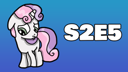 Size: 1280x720 | Tagged: safe, artist:chaosmilo, sweetie belle, pony, unicorn, g4, my little pony: friendship is magic, sisterhooves social, blue background, gradient background, green eyes, horn, solo, text