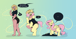 Size: 5580x2900 | Tagged: safe, artist:maynara, fluttershy, human, pegasus, pony, g4, absurd resolution, chest fluff, dialogue, diaper, eyes closed, female, glasses, gradient background, human to pony, non-baby in diaper, offscreen character, open mouth, open smile, smiling, speech bubble, stomping, transformation, transformation sequence, wings, yay