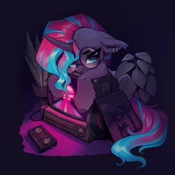 Size: 3000x3000 | Tagged: safe, artist:hattiezazu, oc, oc only, oc:synthie glitch, bat pony, bat pony unicorn, hybrid, pony, unicorn, ear fluff, ear tufts, female, glasses, horn, mare, plant, plant pot, record, retrowave, solo, synthwave, television, vhs, vhs tapes