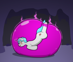 Size: 900x765 | Tagged: safe, artist:defilerzero, oc, oc only, oc:minty candy, pony, unicorn, blushing, bondage, cave, encasement, horn, magic, open mouth, sequence, slime, solo, story included