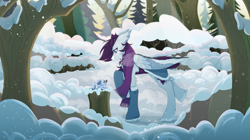 Size: 4459x2498 | Tagged: safe, artist:ostrum, oc, oc only, pegasus, pony, winterchilla, clothes, forest, nature, outdoors, purple, purple hair, scarf, snow, snowfall, tree, wings