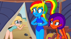 Size: 2600x1440 | Tagged: safe, artist:shieldwingarmorofgod, artist:skyfallfrost, oc, oc:allie, oc:jade harmony, oc:royal strength, human, equestria girls, g4, beach, belly, belly button, bikini, camping, clothes, female, glasses, midriff, one-piece swimsuit, outdoors, ponytail, sand, summer, swimsuit