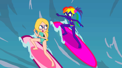 Size: 3500x1968 | Tagged: safe, artist:doraair, artist:star-armour95, oc, oc:allie, oc:rainbow flower, human, equestria girls, g4, bikini, clothes, duo, female, flower, flower in hair, freckles, glasses, multicolored hair, ocean, one-piece swimsuit, outdoors, ponytail, purple skin, rainbow bikini, rainbow hair, rainbow swimsuit, surfboard, surfing, swimsuit, water, wave