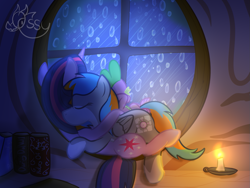 Size: 1311x986 | Tagged: safe, artist:ossilia flawol, spike, twilight sparkle, oc, oc:portal bump, pegasus, pony, unicorn, g4, book, candle, canon x oc, companion cube, cuddling, daring do book, family, female, golden oaks library, indoors, lesbian, pegasus oc, portal (valve), rain, ship:portalsparkle, shipping, sleeping, trio, unicorn twilight, window