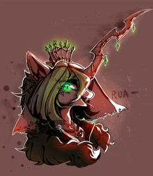 Size: 3120x3576 | Tagged: safe, artist:begasus, artist:goldenrainynight, queen chrysalis, changeling, changeling queen, g4, alternate design, bust, clothes, crown, fangs, female, forked tongue, goth, high res, horn, horn jewelry, jewelry, regalia, tongue out, veil