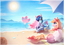 Size: 1754x1240 | Tagged: dead source, safe, artist:astenbird, artist:begasus, oc, oc only, oc:electronia, oc:lyre wave, earth pony, hybrid, merpony, pony, seapony (g4), beach, blue eyes, colored pupils, drink, eyelashes, fish tail, flowing tail, gem, hoof shoes, ocean, qingdao brony festival, red eyes, seashell, sky, smiling, sun, sunlight, tail, umbrella, water