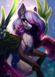 Size: 1500x2100 | Tagged: safe, artist:lulemt, oc, oc only, original species, pegasus, plant pony, pony, bubble, chest fluff, commission, plant, solo, underwater, water