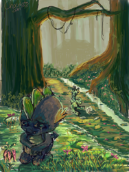 Size: 1500x2000 | Tagged: safe, artist:chocolatesun, spike, zecora, dragon, zebra, g4, crying, everfree forest, female, forest, male, nature, river, scenery, ship:spicora, shipping, straight, stream, tree, water