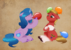 Size: 4961x3508 | Tagged: safe, artist:haruh_ink, izzy moonbow, sprout cloverleaf, earth pony, pony, unicorn, g5, balloon, blowing up balloons, commissioner:puffydearlysmith, crossed hooves, cute, duo, duo male and female, eyes closed, female, floppy ears, horn, inflating, izzybetes, male, mare, smiling, sproutbetes, stallion, static electricity, unshorn fetlocks