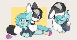 Size: 4218x2183 | Tagged: oc name needed, safe, artist:rexyseven, oc, oc only, oc:whispy slippers, earth pony, pony, clothes, earth pony oc, eyes closed, female, glasses, heart, hug, looking at each other, looking at someone, lying down, male, mare, oc x oc, one eye closed, shipping, slippers, smiling, socks, stallion, straight, sweater, tongue out