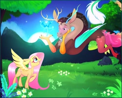 Size: 2048x1638 | Tagged: safe, artist:fluffyfoxarts, discord, fluttershy, draconequus, pegasus, pony, g4, female, grass, male, outdoors, ship:discoshy, shipping, sky, straight, tree