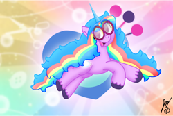 Size: 1800x1200 | Tagged: safe, artist:jesslmc16, izzy moonbow, pony, unicorn, g5, izzy in a tizzy, my little pony: tell your tale, leak, spoiler:g5, spoiler:my little pony: tell your tale, spoiler:tyts02e31, blurry background, cutie mark, female, glowing cutie mark, goggles, horn, izzy rainbow, looking at you, mare, scene interpretation, smiling, smiling at you, solo