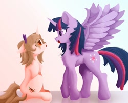 Size: 1024x825 | Tagged: safe, twilight sparkle, oc, alicorn, pony, unicorn, g4, happy, horn, looking at each other, looking at someone, open mouth, smiling, spread wings, surprised, twilight sparkle (alicorn), wings