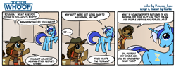 Size: 800x304 | Tagged: safe, artist:feather, artist:princess luna, doctor whooves, minuette, time turner, unicorn, g4, clothes, comic, crossover, doctor who, duo, duo male and female, female, fourth doctor, fourth doctor's scarf, hat, horn, male, scarf, speech bubble, striped scarf