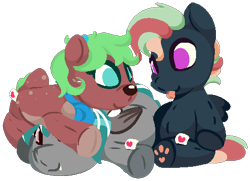 Size: 491x356 | Tagged: safe, artist:rhythmpixel, oc, oc only, oc:jora asters, oc:malachite cluster, oc:treading step, bat pony, deer, pegasus, :p, deer oc, non-pony oc, plushie, simple background, tongue out, transparent background