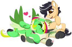 Size: 598x392 | Tagged: safe, artist:rhythmpixel, oc, oc only, oc:gumdrops, oc:rhythm fruit, oc:summer rye, deer, earth pony, pegasus, collar, deer oc, heart, non-pony oc, plushie, simple background, snuggling, transparent background