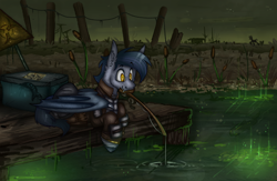 Size: 2300x1500 | Tagged: safe, artist:molars, oc, oc only, oc:sascha, bat pony, fish, ashes town, fallout equestria, algie, apocalypse, armor, clothes, complex background, cooler, deck, dock, fangs, fence, fishing, fishing rod, full body, glowing, glowing water, jacket, lake, leather, leather jacket, outdoors, radioactive, shadow, tail, teeth, wasteland, water, wires