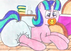 Size: 2911x2072 | Tagged: safe, artist:bitter sweetness, starlight glimmer, unicorn, g4, abdl, adult foal, diaper, diaper fetish, father and child, father and daughter, female, fetish, furniture, horn, looking at you, male, non-baby in diaper, pacifier, poofy diaper, solo, traditional art, wooden floor