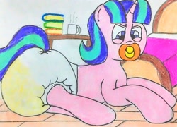 Size: 2742x1972 | Tagged: safe, alternate version, artist:bitter sweetness, starlight glimmer, pony, unicorn, g4, abdl, adult foal, bed, bedroom, diaper, diaper butt, diaper fetish, diapered, female, fetish, horn, implied firelight, indoors, looking at you, male, mare, non-baby in diaper, pacifier, pissing, poofy diaper, room, solo, starlight glimmer is not amused, traditional art, unamused, urine, wet diaper, wetting, wetting diaper, wooden floor