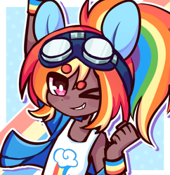 Size: 1086x1120 | Tagged: safe, artist:riuntaru, rainbow dash, human, g4, bust, clothes, dark skin, eared humanization, female, fist pump, grin, humanized, looking at you, one eye closed, ponytail, smiling, solo, tank top, wink