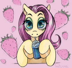 Size: 1500x1417 | Tagged: safe, artist:sonterra, fluttershy, pegasus, pony, g4, abstract background, big eyes, bust, drink, drinking, food, holding, looking at you, milkshake, solo, strawberry, table