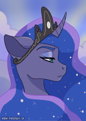 Size: 1281x1795 | Tagged: safe, artist:renfriday13, princess luna, pony, g4, bust, crown, female, jewelry, mare, portrait, profile, regalia, solo, unamused