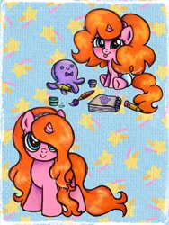 Size: 2250x3000 | Tagged: safe, artist:dariarchangel, oc, oc only, oc:dazha, octopus, pony, unicorn, g4, :p, adorable face, baby, baby pony, blue eyes, blushing, button eyes, c:, cute, cute face, cute smile, daaaaaaaaaaaw, drawing, female, female oc, filly, filly oc, foal, gouache, hairband, horn, long hair, long mane, long tail, looking up, mare oc, ocbetes, orange hair, orange mane, orange tail, paintbrush, passepartout, patterned background, pencil, pink coat, plushie, pony oc, puffy hair, puffy mane, puffy tail, sitting, sketchbook, small horn, smiling, smol, solo, tail, tongue out, too cute, traditional art, very long hair, weapons-grade cute, younger