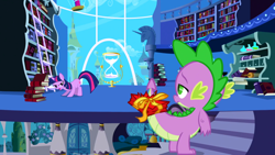 Size: 1920x1080 | Tagged: safe, screencap, spike, twilight sparkle, dragon, pony, unicorn, friendship is magic, g4, my little pony: friendship is magic, book, bookshelf, canterlot, duo, female, horn, hourglass, male, mare, twilight's canterlot home, unicorn twilight