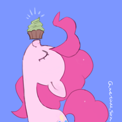 Size: 4096x4096 | Tagged: safe, artist:metaruscarlet, pinkie pie, earth pony, pony, g4, blue background, cupcake, food, simple background, smiling, solo