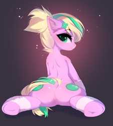 Size: 3345x3724 | Tagged: safe, alternate version, artist:empress-twilight, oc, oc only, oc:emerald bubble, earth pony, pony, back, blushing, butt, clothes, colored pupils, commission, dock, ear fluff, earth pony oc, eyebrows, eyebrows visible through hair, eyelashes, eyeshadow, featureless crotch, female, female oc, flower, flower in hair, gradient background, green eyes, green pupils, high res, human shoulders, leg warmers, lidded eyes, looking at you, looking back, looking back at you, lying down, makeup, mare, mare oc, pink coat, pink eyeshadow, plot, ponytail, profile, prone, rear view, shiny mane, shiny tail, shoulder fluff, smiling, smiling at you, solo, sparkles, sploot, spread legs, spreading, tail, tail aside, thin, tied mane, turned head, two toned mane, two toned tail, underhoof, ych result