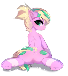 Size: 3345x3724 | Tagged: safe, alternate version, artist:empress-twilight, oc, oc only, oc:emerald bubble, earth pony, pony, back, blushing, butt, clothes, colored pupils, commission, dock, ear fluff, earth pony oc, eyebrows, eyebrows visible through hair, eyelashes, eyeshadow, featureless crotch, female, female oc, flower, flower in hair, green eyes, green pupils, high res, human shoulders, leg warmers, lidded eyes, looking at you, looking back, looking back at you, lying down, makeup, mare, mare oc, pink coat, pink eyeshadow, plot, ponytail, profile, prone, rear view, shiny mane, shiny tail, shoulder fluff, simple background, smiling, smiling at you, solo, sploot, spread legs, spreading, tail, tail aside, thin, tied mane, transparent background, turned head, two toned mane, two toned tail, underhoof, ych result