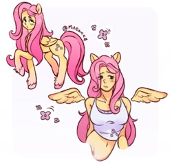 Size: 1268x1209 | Tagged: safe, artist:manwxxq, fluttershy, butterfly, human, pegasus, pony, g4, belly, belly button, breasts, clothes, eye clipping through hair, female, floating wings, humanized, lidded eyes, midriff, pony coloring, signature, simple background, solo, tank top, unshorn fetlocks, white background, wings