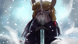 Size: 1920x1080 | Tagged: safe, artist:hierozaki, oc, oc only, oc:syl, pony, unicorn, bleeding, blood, eyes closed, female, horn, mare, snow, snowfall, sword, weapon