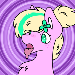 Size: 1280x1280 | Tagged: safe, artist:emeraldthepony, artist:starbite444, oc, oc only, oc:emerald bubble, earth pony, pony, blushing, bust, chest fluff, flower, flower in hair, freckles, open mouth, ponytail, purple background, simple background, solo, tongue out, two toned mane