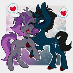 Size: 2000x2000 | Tagged: safe, artist:bwolfalien, oc, oc:slashing prices, oc:velvet swirl, pony, unicorn, blushing, colored hooves, couple, cute, female, heart, holding hooves, hooves, horn, male, mare, shipping, simple background, stallion, standing on two hooves, unicorn oc